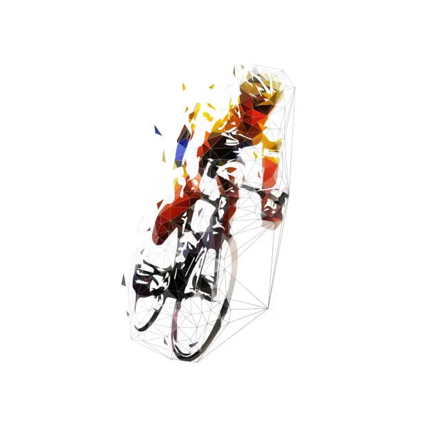 Vector illustration of Cycling, road cyclist in yellow jersey riding bike. Low poly isolated vector illustration