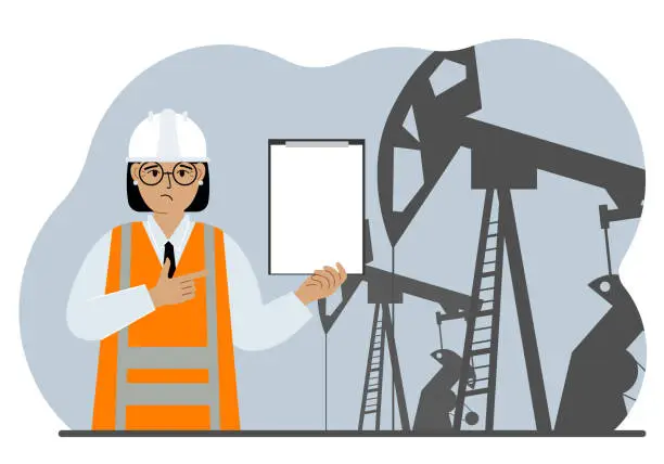 Vector illustration of A female refinery engineer worker uses a tableted oil pumping unit. Energy industrial zone, oil drilling.