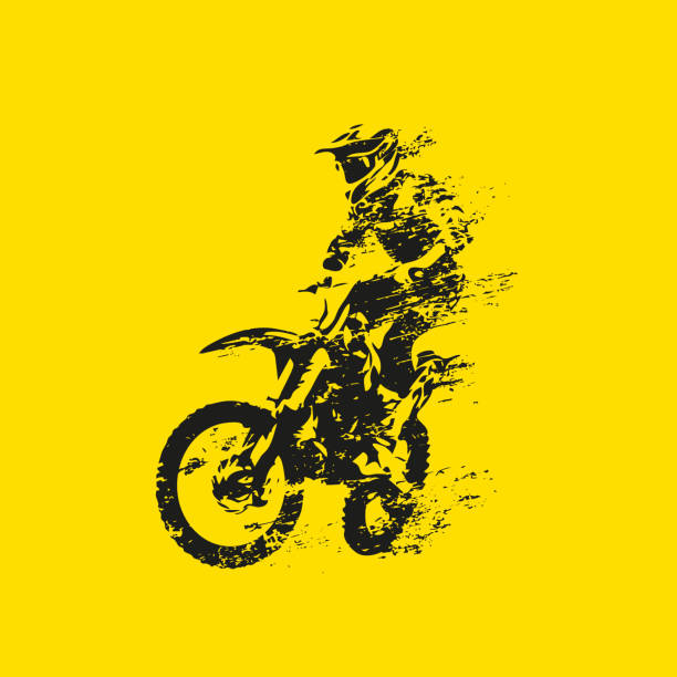 ilustraciones, imágenes clip art, dibujos animados e iconos de stock de piloto de motocross en su moto, silueta vectorial grunge abstracta - dirt stunt