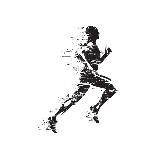 lauf, sprint laufender mann, isolierte vektorsilhouette, grungy style - leichtathletik stock-grafiken, -clipart, -cartoons und -symbole