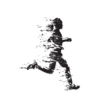 Running woman, abstract isolated vector silhouette. Side view