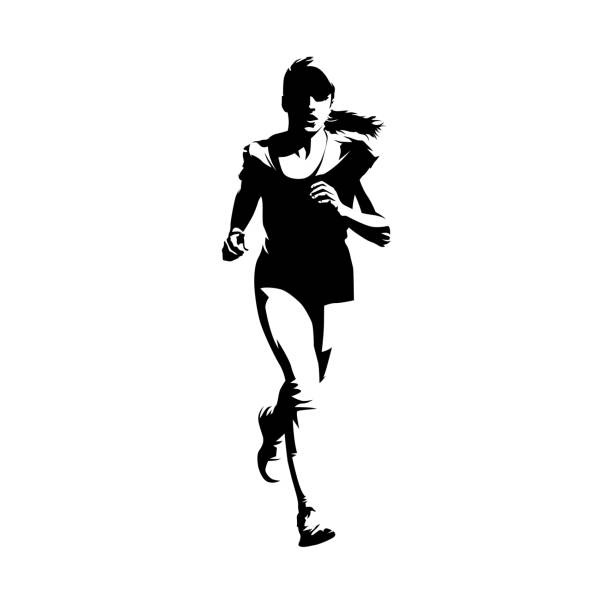 ilustraciones, imágenes clip art, dibujos animados e iconos de stock de chica adolescente corriendo, vista frontal, silueta de dibujo de tinta vectorial aislada. personas que corren - silhouette running cap hat