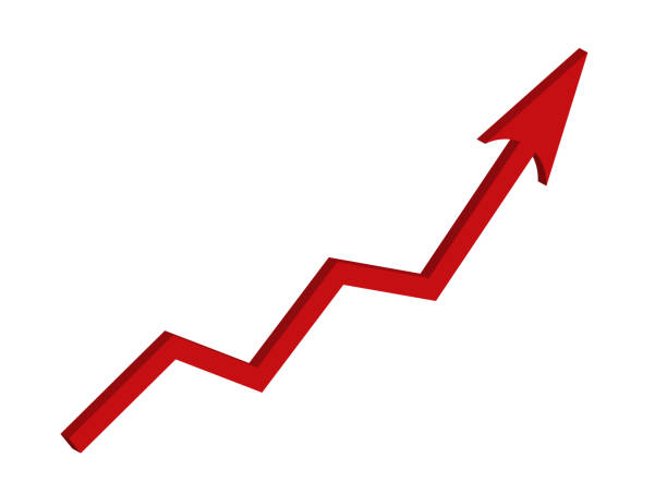 istock Red growing up arrow sign isolated on white background. Bar charts and graphs. Rising prices. Inflation concept. Finance and Economy. Market volatility. Financial planning and markets. 3d effect. 1390813446