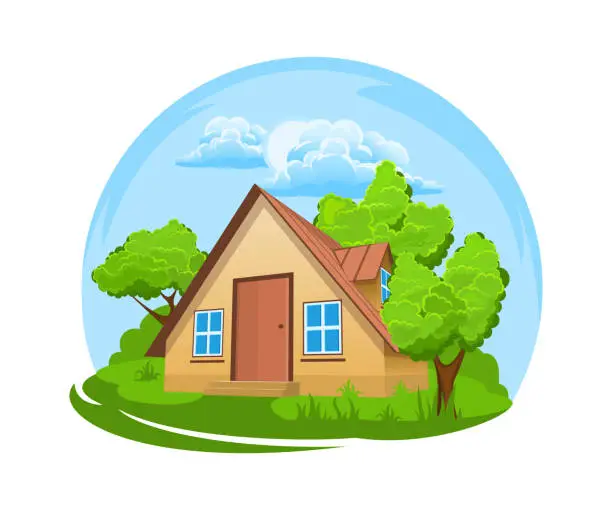 Vector illustration of Summer landscape. House surrounded by trees