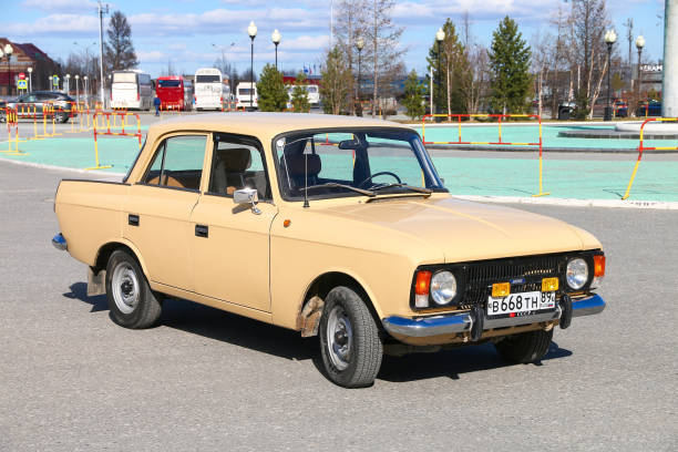 Novyy Urengoy, Russia -May 29, 2021: Retro car Izh Moskvitch 412IE-028 in a city street.
