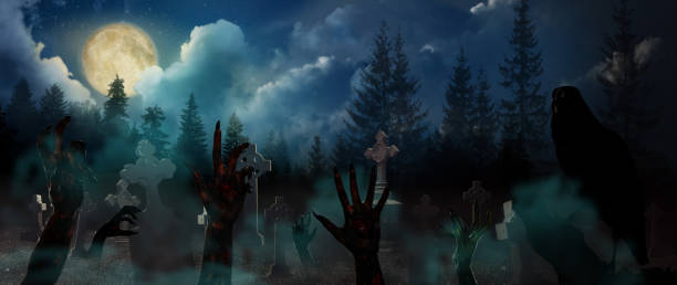 istock Scary zombies and monsters arising from graves at old misty cemetery under full moon on Halloween night. Banner design 1390814743
