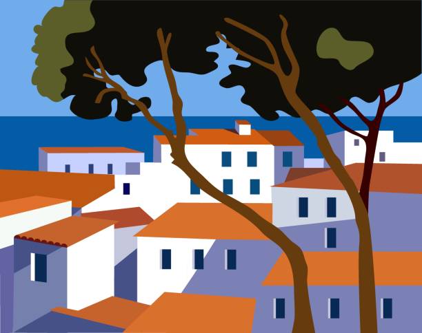 ilustrações de stock, clip art, desenhos animados e ícones de old seaside town with red roofs flat style vector illustration - sky sea town looking at view