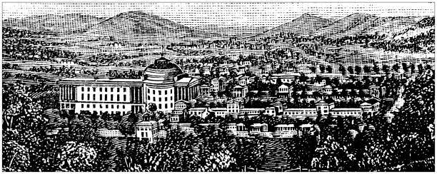 antyczna ilustracja zabytków usa, wirginii i firm: charlottesville, university of virginia - university hall stock illustrations