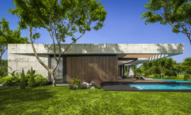 istock 3d rendering of new concrete house in modern style 1390818062