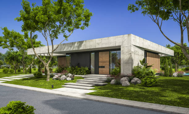 istock 3d rendering of new concrete house in modern style 1390818070