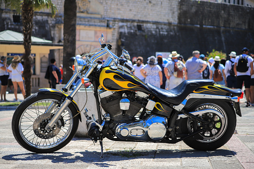 Kotor, Montenegro - 15 july, 2021: Motorcycle chopper Harley Davidson on the street