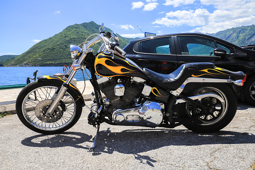 Perast, Montenegro - 15 july, 2021: Motorcycle chopper Harley Davidson on the street