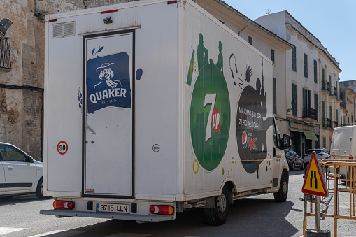 Felanitx, Spain; april 07 2022: Delivery van of the company Pepsi, parked in a central street of the Mallorcan town of Felanitx, Spain