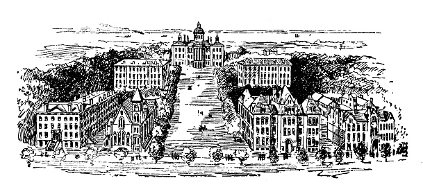 Antique illustration of USA, Wisconsin landmarks and companies: Madison, University of Wisconsin