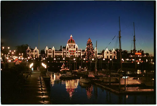 The Victoria, BC Government buildings at dusk.