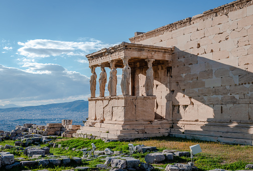 The Caryatid porch of the Erechtheion, an ancient temple dedicated to Goddess Athens on the Acropolis Hill, in Athens, Greece.