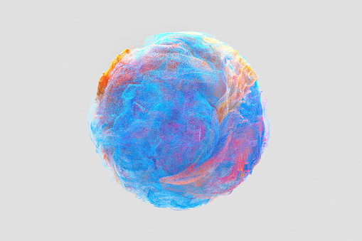 Multicolored sphere of particles  on gray background, CGI.