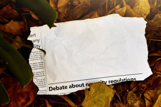 istock Cutting from a newspaper, isolated on white, with blank space for copy, lying discarded among leaves in a forest 1390827592