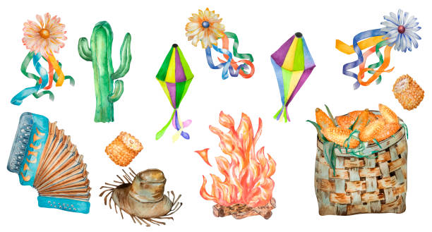 Brazilian June festival set watercolor illustration isolated Brazilian June festival set of Corn with straw basket, straw hat, bonfire, harmonic, cactus, flowers with multicolor ribbons watercolor illustration isolated. Symbol of Festas Junina party for design watercolor lantern set stock illustrations