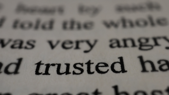 Trusted text in open book page, macro shot of trusted word, selective focus, close up, sitting view