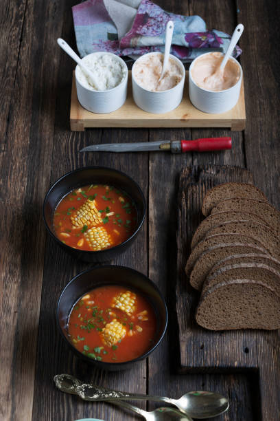istock American-style corn and tomato soup on a rustic table 1390828161