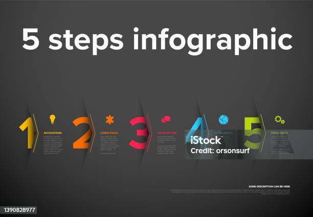 5 Step Progression Rrows Vector Five Steps Progress Template With Big Arrows And Numbers Dark ...