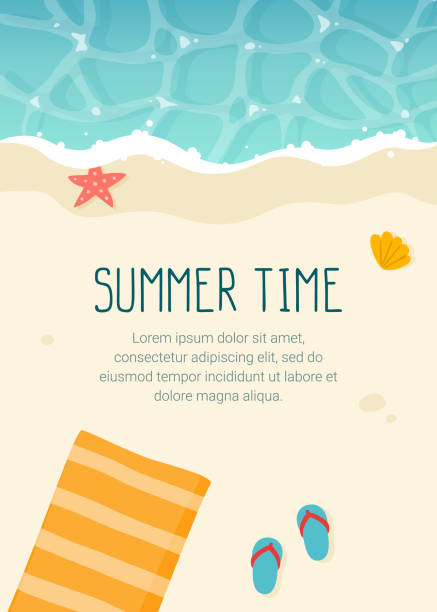 summertime beach poster-vorlage. paradies meer küste banner. cartoon sand und wasser werbedesign. - strandhandtuch stock-grafiken, -clipart, -cartoons und -symbole