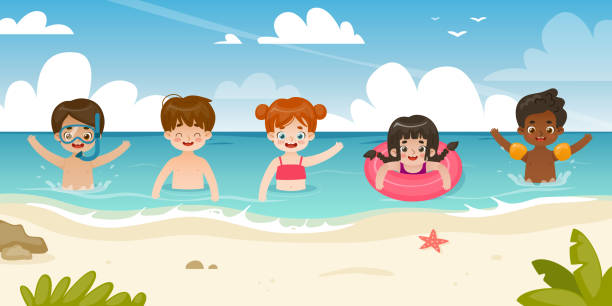 ilustraciones, imágenes clip art, dibujos animados e iconos de stock de niños lindos nadando en el mar. panorama de playa de verano con niños diversos en las vacaciones. - swimwear child inner tube little girls