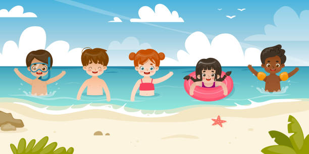 ilustrações, clipart, desenhos animados e ícones de crianças bonitas nadando no mar. panorama da praia de verão com crianças diversas nas férias. - preschooler playing family summer