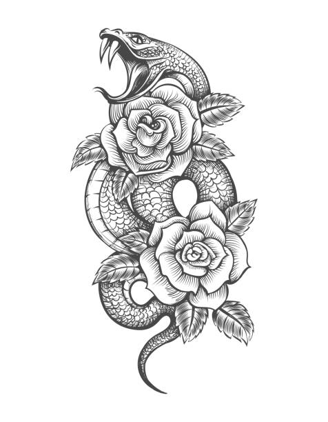 Snake roses tattoo Snake roses tattoo. Serpent with rose flowers hands drawing sketch, traditional asian engraved style retro gothic reptile vector illustration tattoo stock illustrations