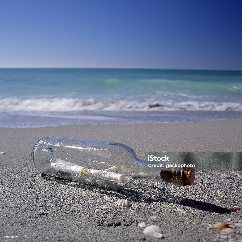 SOS! Message in a bottle washed up on the beach. Assistance Stock Photo