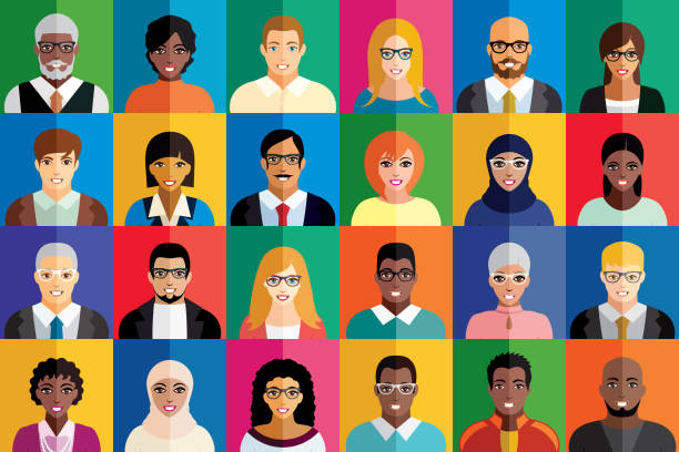 ilustraciones, imágenes clip art, dibujos animados e iconos de stock de ilustración vectorial de iconos de personas multicolores. - computer network social networking connection togetherness