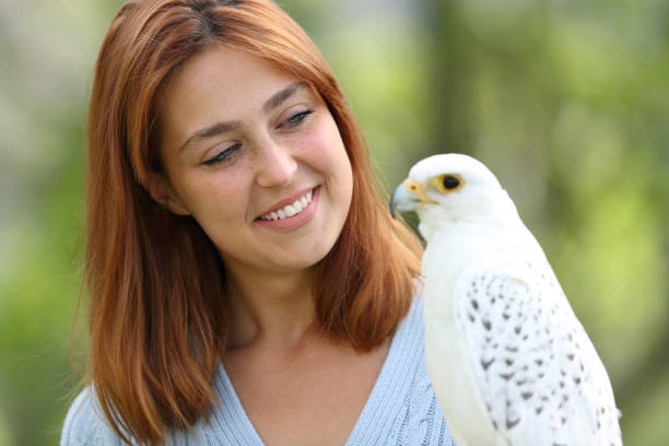 istock Happy falconer holding a falcon looking it 1390831904