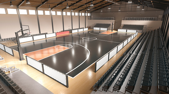 Basketball court with tribune and banners mockup, top view, 3d rendering. Sporty perimeter area surface for competition or tournament. Rectangular playground with spotlight and baskets template.