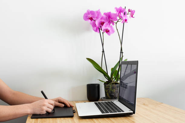 istock The girl draws on a graphics tablet behind a laptop. Work with a laptop. 1390833230