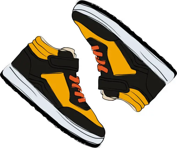 Vector illustration of Sketch sneakers, concept drawing shoes, colorful fashion shoes illustration, yellow black and orange colors, sneaker with top view, flat design