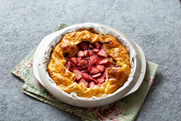 Delicious baked tart with strawberries. stock photo