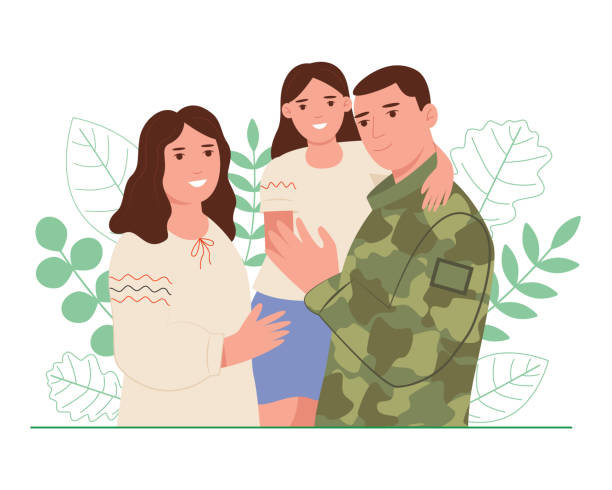 Happy family. Woman and man in military uniform holding daughter in her arms. Vector illustration Happy family. Woman and man in military uniform holding daughter in her arms. Vector illustration military family stock illustrations
