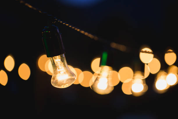 istock Light bulb decor in outdoor party. Evening wedding ceremony. 1390835992