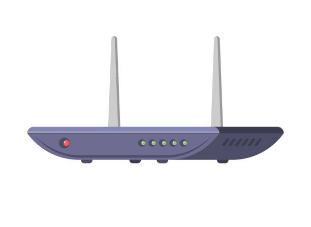 Wi fi router wireless internet connection access indicators and two antennas isometric icon vector Wi fi router wireless internet connection access with indicators and two antennas isometric icon vector illustration. Computer network wifi communication switch cyberspace wave data net link isolated router vector stock illustrations