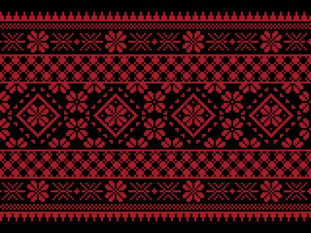 Vector illustration of Vector illustration of Ukrainian folk seamless pattern ornament. Ethnic ornament. Border element. Traditional Ukrainian, Belarusian folk art knitted embroidery pattern - Vyshyvanka