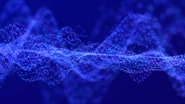 istock Beautiful curved wave on a dark background. Digital technology background. Concept of network. 3D 1390836410