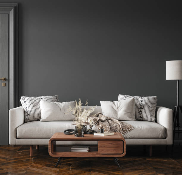 istock Home interior, modern dark living room interior, black empty wall mock up 1390837786