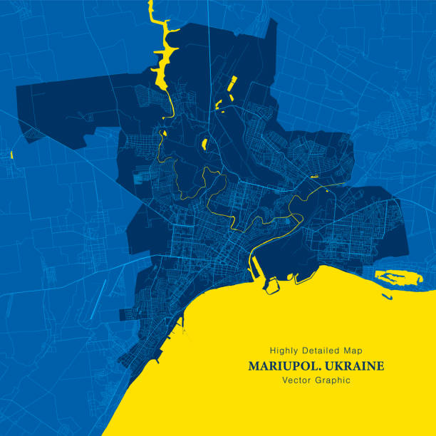 Vector Map Of City Mariupol Ukraine In Yellow Blue Colours Detailed Streets Plan Highly Detailed Vector Map Of City Mariupol Ukraine In Patriotic National Yellow Blue Colours Abstract Background. Transport System Includes Grouped City Map Features Roads And Water Objects mariupol stock illustrations