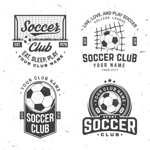 Set of soccer, football club badge design. Vector illustration. For football club sign, logo. Vintage monochrome label, sticker, patch with football player, soccer and football gate silhouettes. Set of soccer, football club badge design. Vector illustration. For football club sign, logo. Vintage monochrome label, sticker, patch with football player, soccer and football gate silhouettes soccer competition stock illustrations