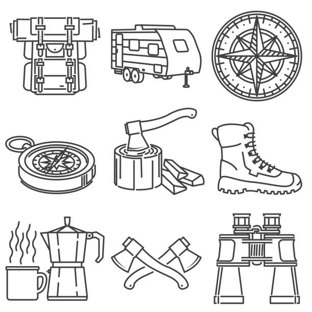 Camping Icons. Line art design- stock vector. For shirt or logo, print, stamp or tee. vector art illustration