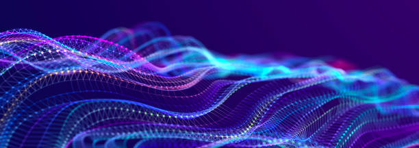 istock Beautiful curved wave on a dark background. Digital technology background. Concept of network. 3D 1390843886