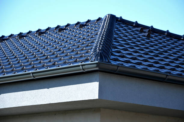 tejas de techo hechas de tejas negras quemadas. el alambre de tierra debe instalarse en cada techo gris, que copia el contorno del edificio y protege la cercha de ser alcanzado por un rayo - roof tile roof textured red fotografías e imágenes de stock