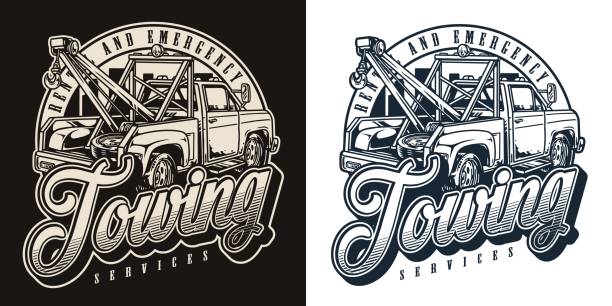 Monochrome vintage round emblem with tow pickup truck with hook and tire in snclosed cabin against cityscape silhoutte, vector illustration