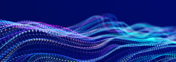 istock Beautiful curved wave on a dark background. Digital technology background. Concept of network. 3D 1390844905
